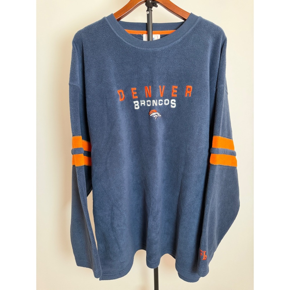 NFL Denver Broncos Fleece Sweatshirt Mens 3XL Navy Blue Orange Embroidered Crew